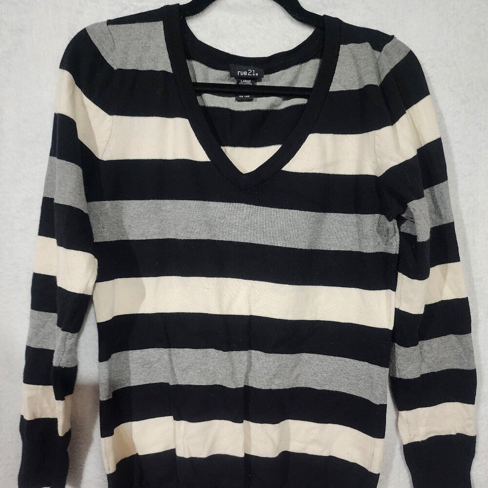 Rue 21 Striped V-Neck Sweater Women's Large Dark Academia